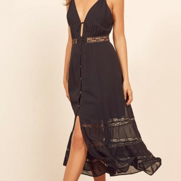 REFORMATION Black Lace Stripe Keyhole SHELLEY Sleeveless Crepe Midi Dress Size 0 - Picture 3 of 10